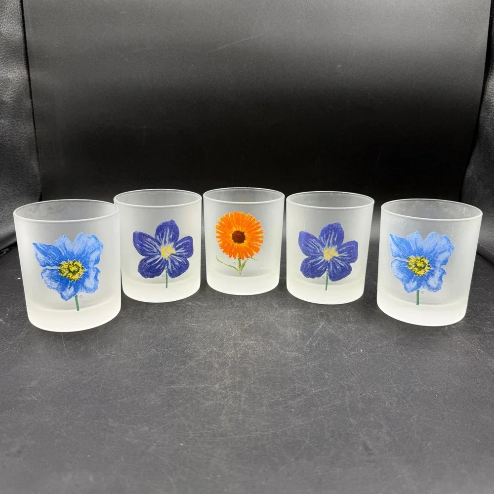 Vintage Dartington Designs France Frosted Lowball Glass Set 5 Floral Whiskey
